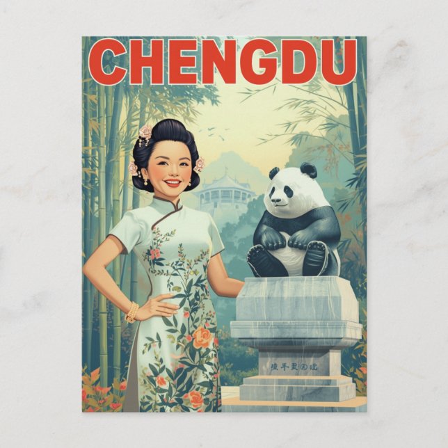 Chengdu Kina Panda-staty Vintage Resa Vykort (Framsida)