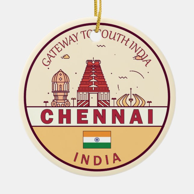 Chennai India City Skyline Emblem Julgransprydnad Keramik (Framsidan)