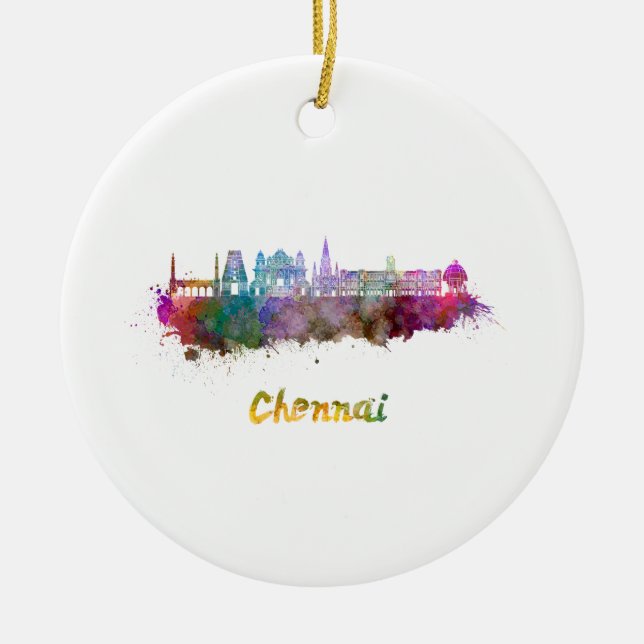 Chennai skyline i vattenfärg julgransprydnad keramik (Framsidan)