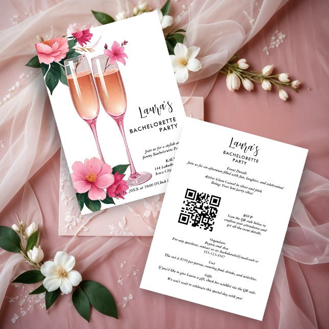 Cherish Cute Floral Champagne Flutes Bachelorette Inbjudningar (Cherish Cute Floral Champagne Flutes Elegant Bachelorette Party Invitations )