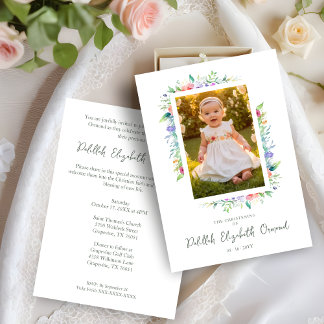 Cherish Cute Floral Frame Christening Photo  Inbjudningar