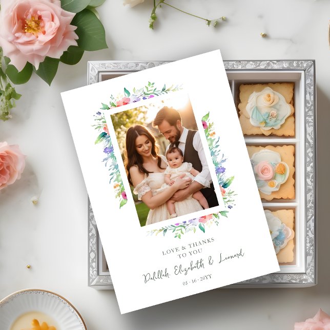 Cherish Cute Floral Frame Christening Photo Tack Kort (Cherish Cute Floral Frame Christening Photo Thank You Card. )