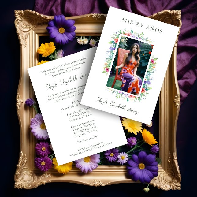 Cherish Cute Floral Frame Quinceañera Photo Inbjudningar (Spanish Cherish Cute Floral Frame Quinceañera Photo Invitation Card. )