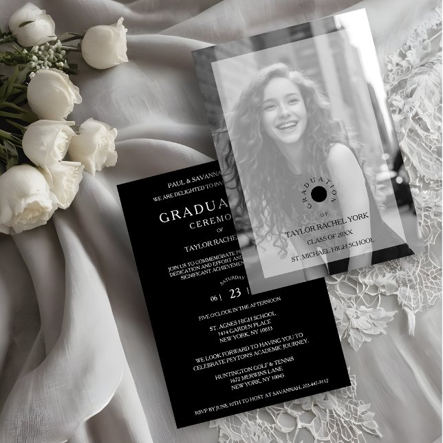 Cherish Exquisite Delicate Minimalist Black White Inbjudningar (Cherish Exquisite Delicate Minimalist Black & White Photo with Vellum Translucent Effect Graduation.)