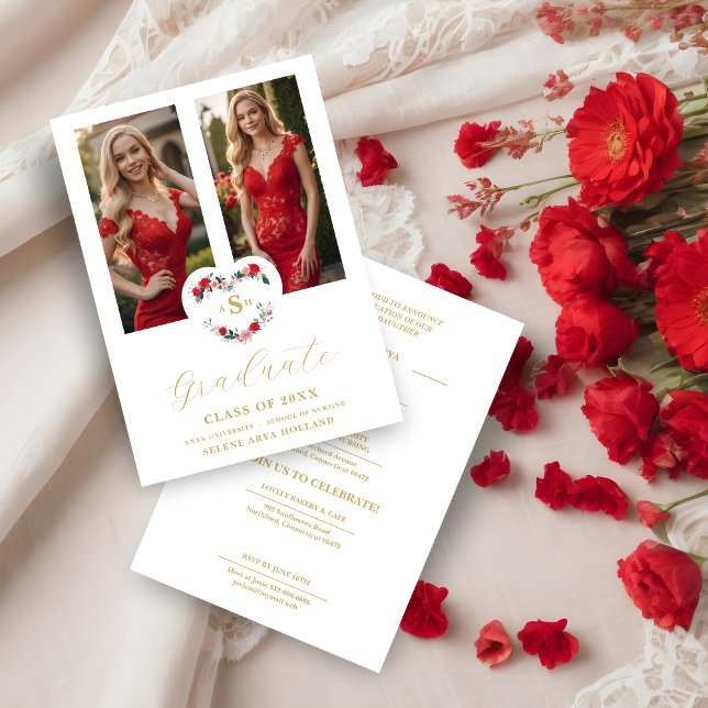 Cherish  Floral Heart Initials Graduate 2 Photos Inbjudningar (Cherish Romantic Floral Heart Initials Graduate 2 Photos Invitation Card. )
