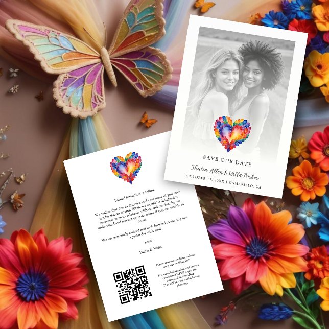 Cherish Modern Pride Rainbow Heart Photo Wedding Spara Datumet (Cherish Modern Pride Rainbow Colors Heart Photo Wedding with Transparency Save the Dates Cards.)