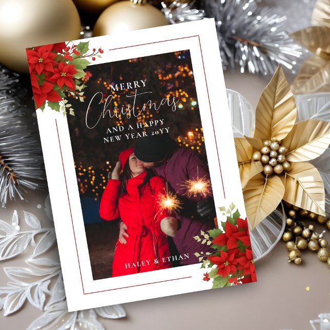 Cherish Red Floral Christmas Poinsettias Bouquets  Julkort (Cherish Red Floral Christmas Poinsettias Bouquets Photo Frame Holiday Card. )