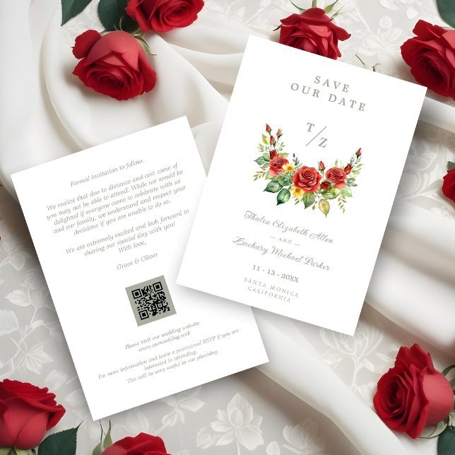 Cherish Spring Floral Red Garland Wedding Initials Spara Datumet (Cherish Cute Spring Floral Red Garland Wedding Initials Save de Dates Cards.)