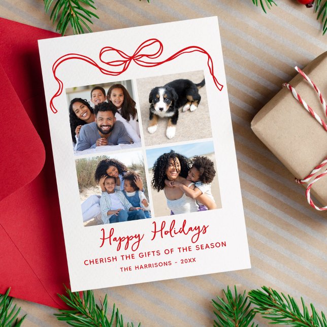 Cherish The Gifts, Bow, 4 Photo Collage Happy Julkort (Skapare uppladdad)