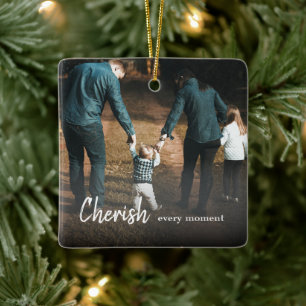 Cherish Varje ögonblick Quote Family Photo Julgransprydnad Keramik