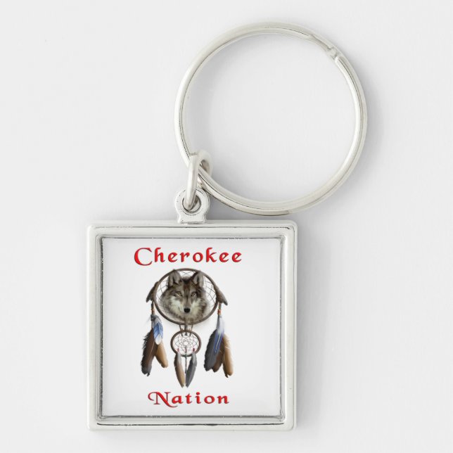 Cherokee Nation Fyrkantig Silverfärgad Nyckelring (Framsidan)