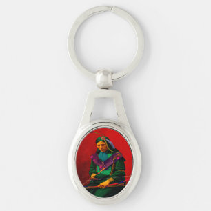 Cherokee Native American Pop Art Ovalt Silverfärgad Nyckelring