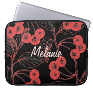 Cherries and Leaves Red on Black Personalised Laptop Fodral