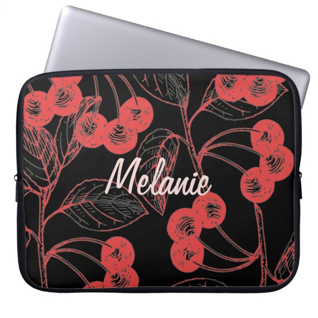 Cherries and Leaves Red on Black Personalised Laptop Fodral (Framsidan)
