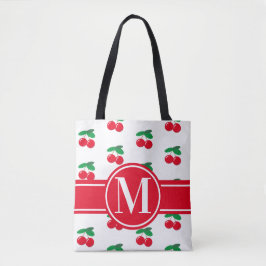 Cherries Fruit Red Mönster Monogram WhiteTote Bag Tygkasse