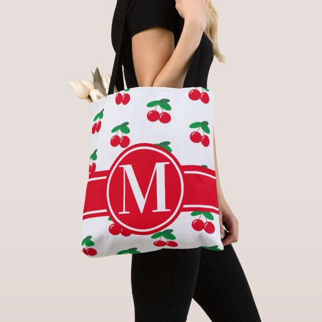 Cherries Fruit Red Mönster Monogram WhiteTote Bag Tygkasse (Närbild)