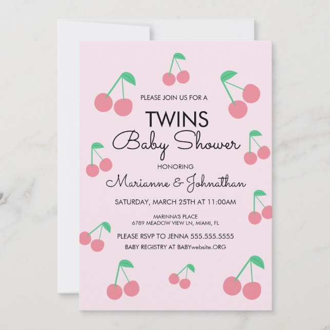 Cherries Frukt Rosa Red Twillingars Baby Shower Inbjudningar (Framsida)