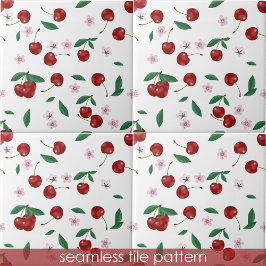 Cherries Greenery Cherry Blommars Seamless Mönster Kakelplatta