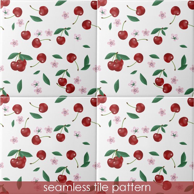 Cherries Greenery Cherry Blommars Seamless Mönster Kakelplatta (Cherries Greenery Cherry Blossoms Seamless Pattern Ceramic Tile)