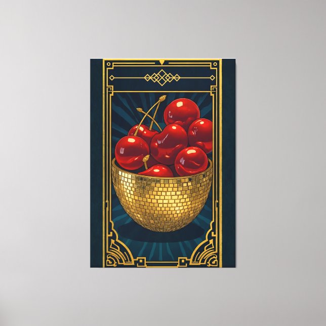 Cherries in Golden Mosaic Bowl deco art Canvastryck (Framsida)
