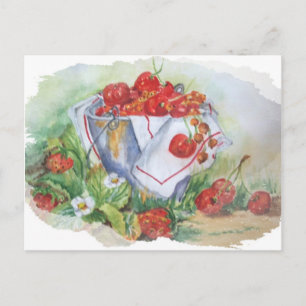 CHERRIES OCH STRAWBERRIES I EN JÄRN RUSTY BUCKET VYKORT