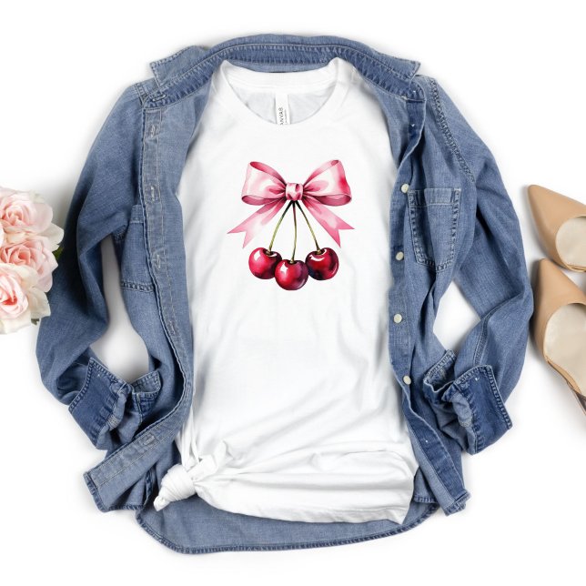 Cherries Rosa Bow Coquette Aesthetic Girly Preppy T Shirt (Cherries Pink Bow Coquette Aesthetic, Trendy Preppy T-shirt for her)