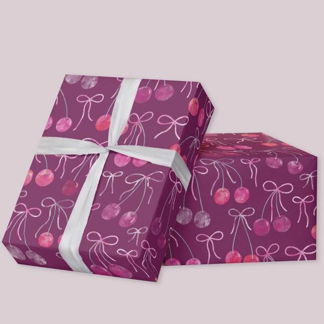 Cherries Rosett band och Bows Watercolor Mönster Presentpapper (Cherries, ribbons and bows gift wrapping paper roll)