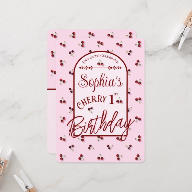 Cherries tema Inbjudan till första födelsedag (Fram/Back In Situ)