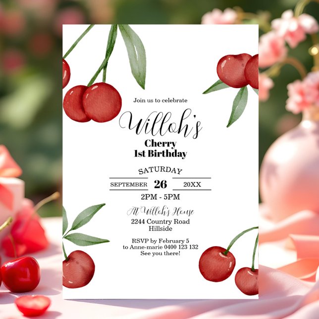 Cherry 1:a födelsedag Sommerkörsbär Inbjudningar (Cherry 1st Birthday Invitation. Watercolor Cherry Birthday Invitation Cherry Party Invitation)