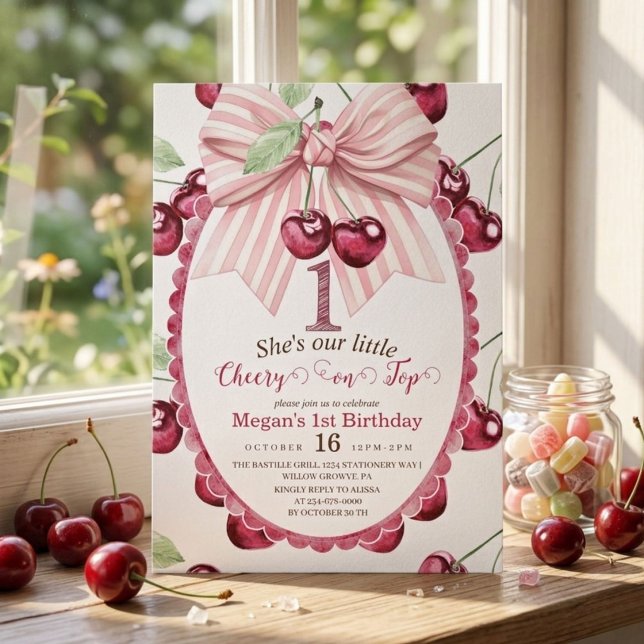 Cherry 1-års födelsedagsfest Coquette Bow Födelsed Inbjudningar (Skapare uppladdad)