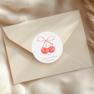 Cherry and Rosa Ribbon Watercolor Girl Baby Shower Runt Klistermärke
