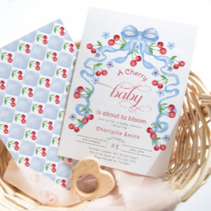 Cherry Baby är på väg att få en bloomblått babydus Inbjudningar