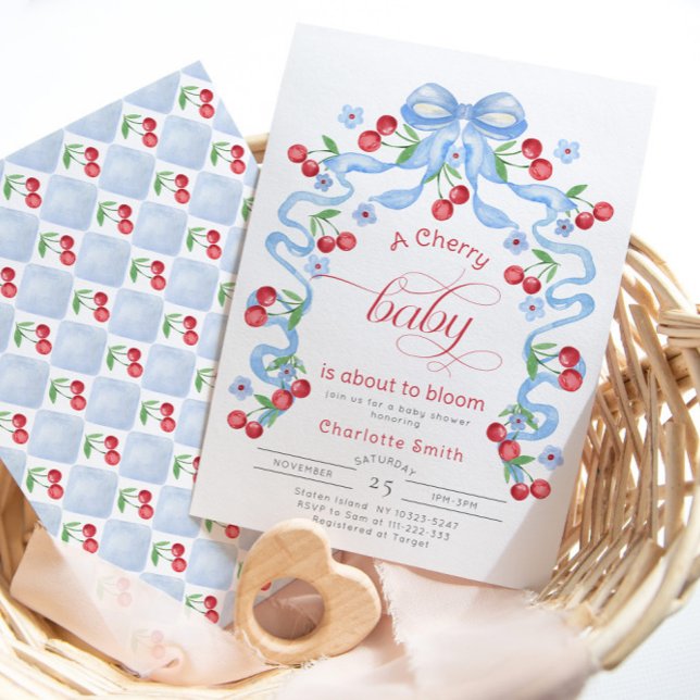 Cherry Baby är på väg att få en bloomblått babydus Inbjudningar (Skapare uppladdad)
