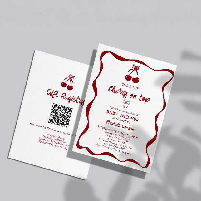 Cherry Baby Shower 2-sidig QR-kod Registry Sweet Inbjudningar (Skapare uppladdad)