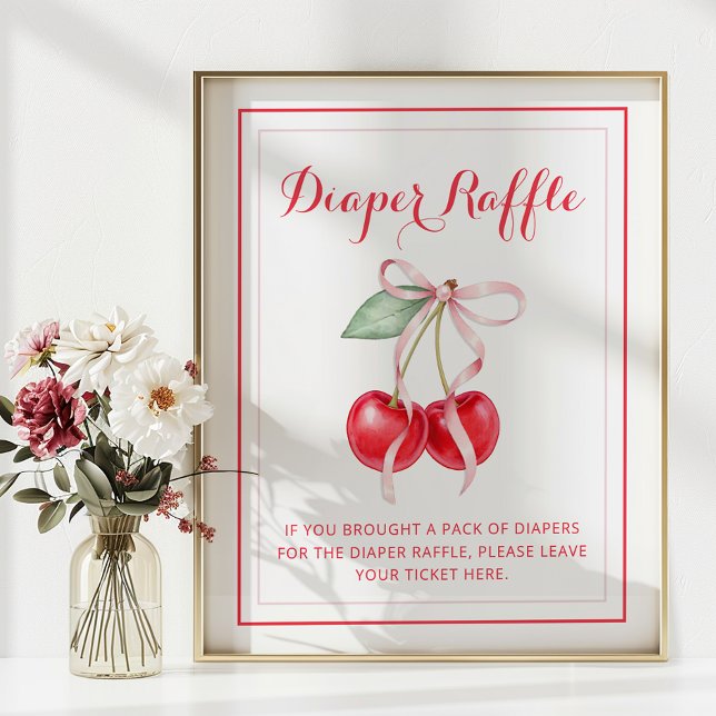 Cherry Baby Shower Diaper Raffle Sign Poster (Diaper Raffle Baby Shower Sign)