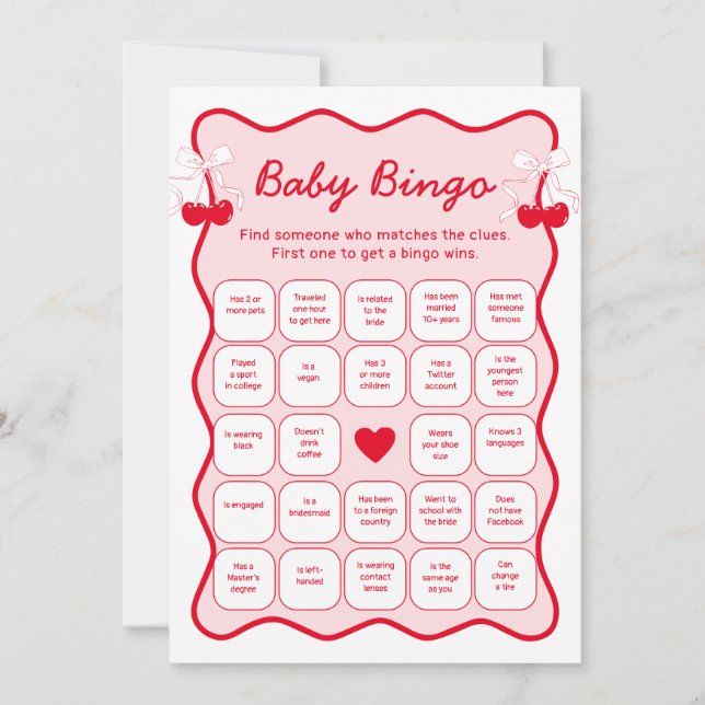 Cherry Baby Shower Find the Guest Bingo Game Card Inbjudningar (Framsida)