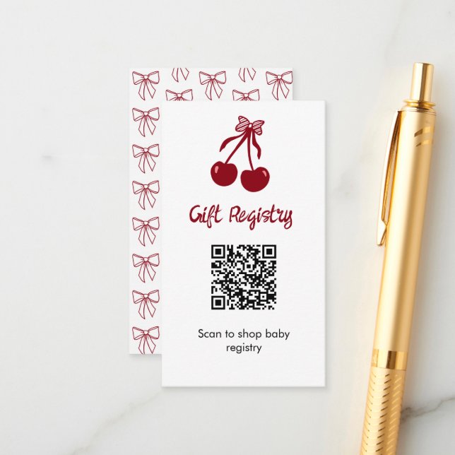 Cherry Baby Shower Gift Registry QR Code Sweet Bow Tilläggskort (Fram/Back In Situ)