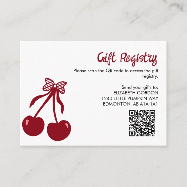 Cherry Baby Shower Gift Registry QR Code Sweet Bow Tilläggskort (Framsida)