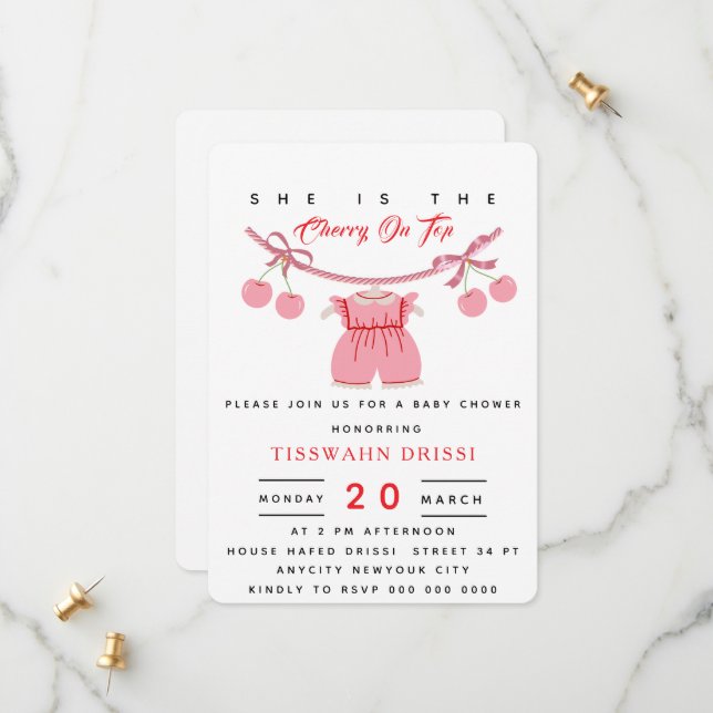 Cherry Baby Shower-inbjudan Cherry på övre Inbjuda Spara Datumet (Fram/Back In Situ)