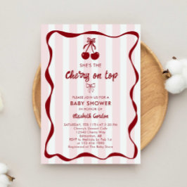 Cherry Baby Shower Sweet Pink Stripes Cute Bow Inbjudningar