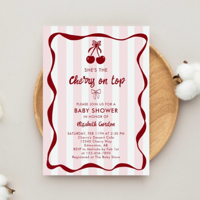 Cherry Baby Shower Sweet Pink Stripes Cute Bow Inbjudningar (Skapare uppladdad)