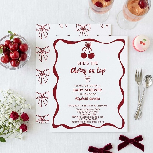 Cherry Baby Shower Sweet Pink Stripes Cute Bow Inbjudningar (Skapare uppladdad)