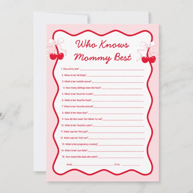 Cherry Baby Shower Who Knows Mommy Best Game Inbjudningar (Framsida)