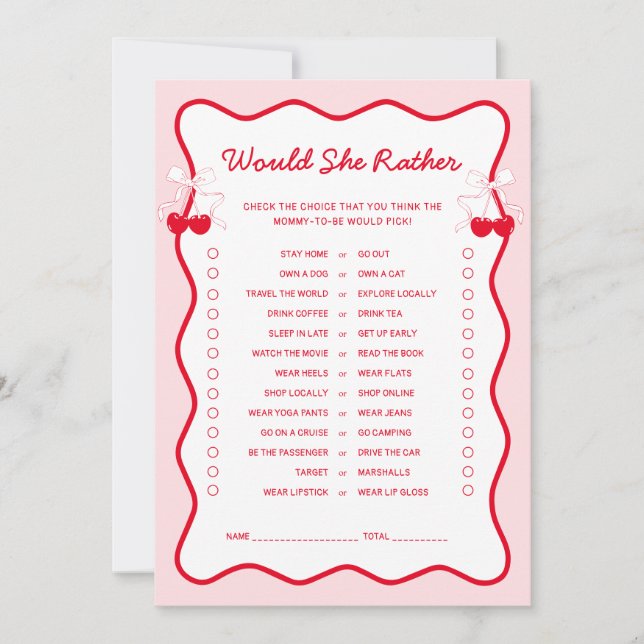 Cherry Baby Shower Would She Rather Game Card Inbjudningar (Framsida)