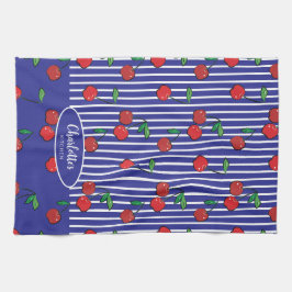 Cherry Berries Red Mönster Modern Nautical Blue Kökshandduk