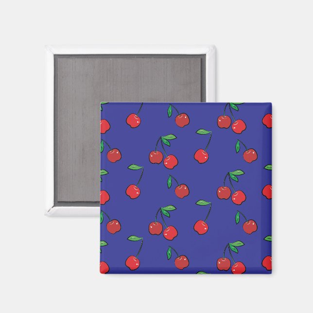 Cherry Berries Red Mönster Modern Retro Blue Rolig Magnet (Front/Back)