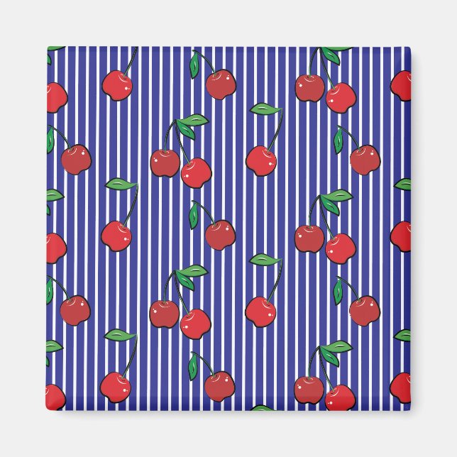 Cherry Berries Red Mönster Modern Retro Blue Rolig Magnet (Framsidan)