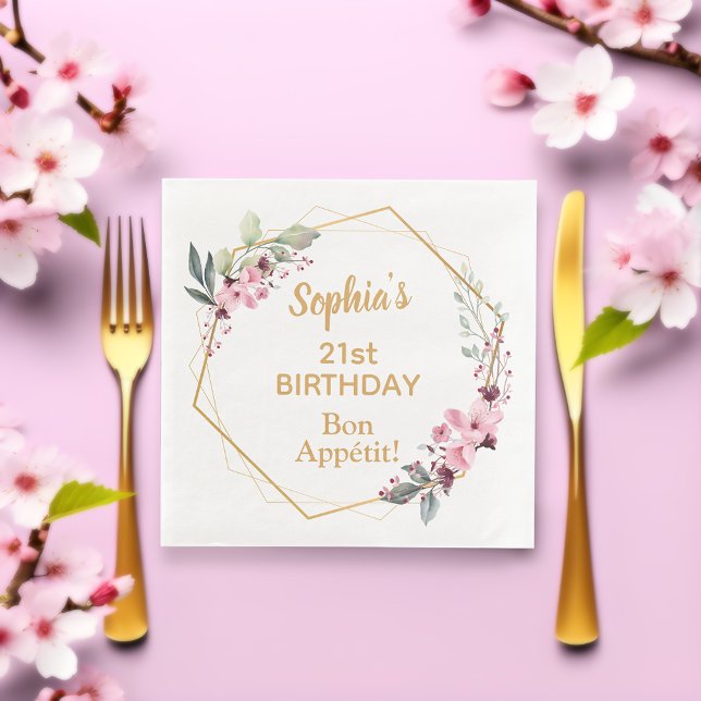 Cherry Blommar 21:a födelsedagen Party Napkins Pappersservett (Elegant cherry blossom and gold birthday party paper napkins.)