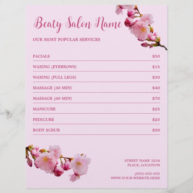 Cherry Blommar Beauty Salon Services Pris List Reklamblad (Framsidan)