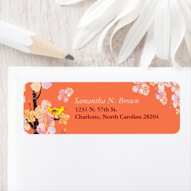 Cherry Blommar Bird Orange Adress Returadress Etikett (Insitu)